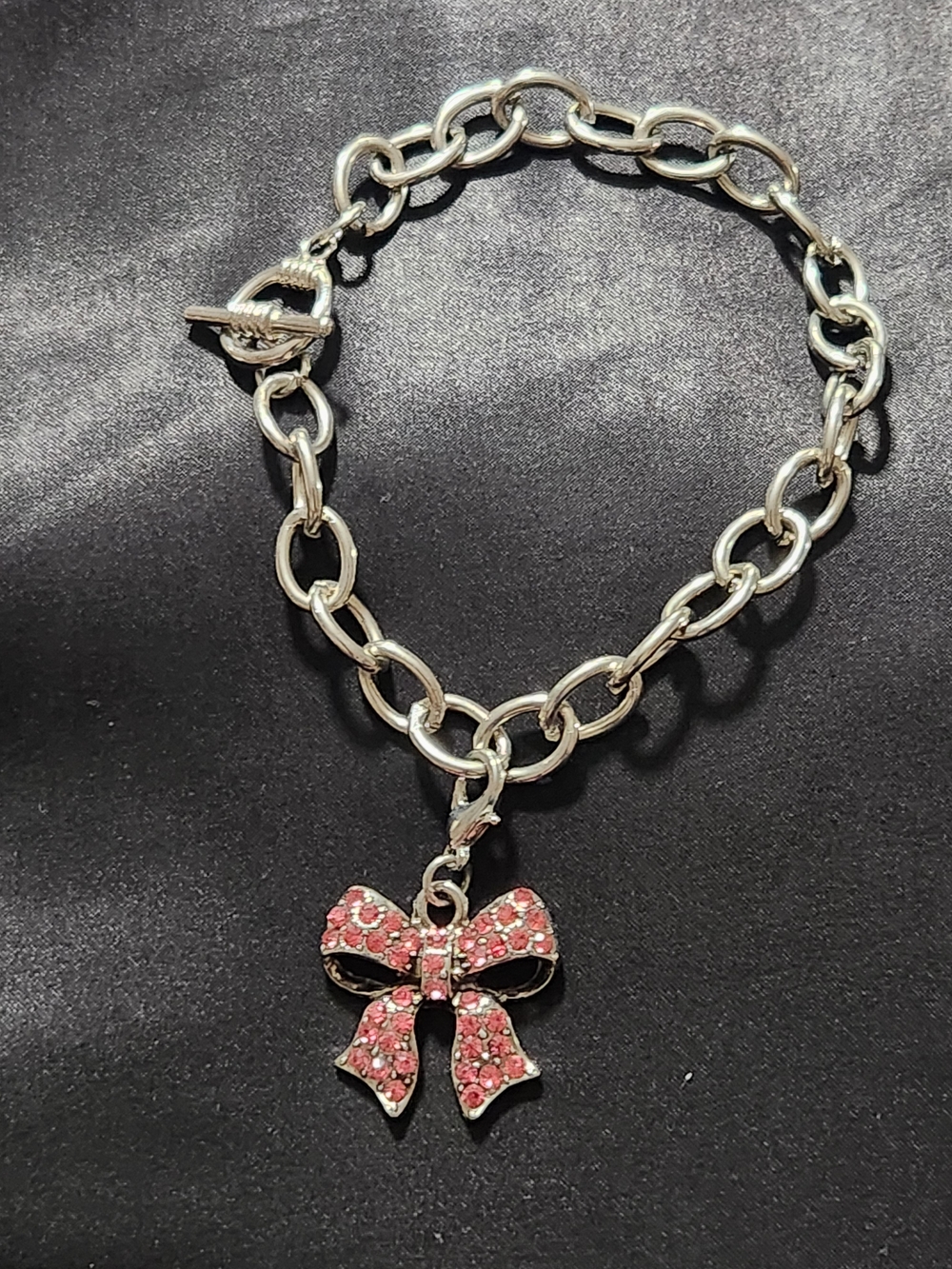 Vintage Silver Tone Chunky Link Toggle Bracelet Pink Rhinestone Bow Charm​
